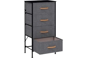 KU Syang Dresser with 4 Drawers - Fabric Chest of Drawers with Large Storage Space, Modern Tall Tower Unit Storage Organiser for Living Room/Bedroom, Wooden Top and Metal Frame (Black/Grey)