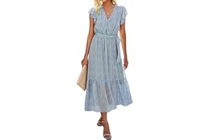 SEVETAT Women's Chiffon Boho Long Dress with Belt Summer Dress Party Dress Elegant V-Neck Maxi Dress Flower Dress Evening Dress Ruffle Beach Dress Cocktail Dress