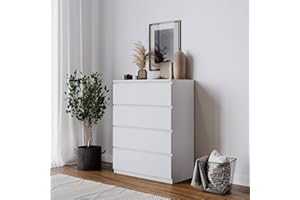 URBNLIVING Armario de madera Skagen con 4 o 5 cajones para dormitorio, sin asa, moderno (carcasa blanca + cajones blancos, 4 cajones)