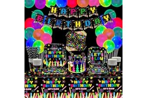 DVAORC 173 PCS Glow Neon Party Supplies Neon Glow Tableware Set Neon Balloon Glow in the Dark Birthday Banner Hanging Swirl Cake Toppers for Blacklight Party Decoration Serves 20 (Glow Set A)…