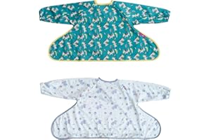 Tidy Tot®™ Cover & Catch™ Pack Duo. 2 Bavoir Manches Longues pour Bébé. Se Fixe sur les Chaises Hautes. Tablier Imperméable pour L'alimentation des Bébés. Bavoirs DME. Sac de Voyage Inclus.