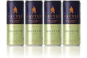 Savyll Beverage Co, Non alcoholic cocktail cans, Mojito, 250ml (4 pack), vegan friendly, gluten free, less than 4g of sugar and 26 calories per 100ml, natural ingredients, ready to drink