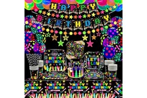 DVAORC 182 PCS Glow Neon Party Supplies Neon Glow Tableware Set Neon Balloon Glow in the Dark Birthday Banner Hanging Swirl Cake Toppers for Blacklight Party Decoration Serves 20