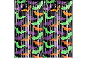 QKEINV 2 Pack Green Orange Purple Bat Pattern Photo Booth Props, 3.3 X 6.6 ft Halloween Foil Fringe Curtains, Halloween Party Decorations, Halloweens Photo Backdrop Streamers Halloweens Party Supplies