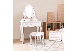 Runesol Weiß Schminktisch mit Spiegel und Hocker für Kinder (8-13 Jahre), Hocker Schminktisch Mädchen, Kindertisch Schminktische, Spiegeltisch, Frisierkommode Holz mit 3 Fächern und Kristallknöpfen