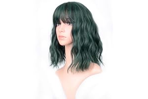 VCKOVCKO Short Wavy Wigs Curly Wig With Air Bangs Women's Shoulder Length Wigs Synthetic Cosplay Wig Pastel Bob Wig for Girl Colorful Costume Wigs(12", Mix Green)
