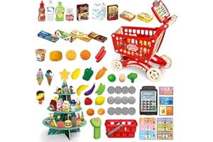 RedCrab Kids Supermarket Set Grocery Store, Children's Smart Shopping Cart With Cash Register And Christmas Tree Shaped Shelves, Play House Toy Shopping Cart,Suitable For Toddlers 3-8 Years Old (Red)