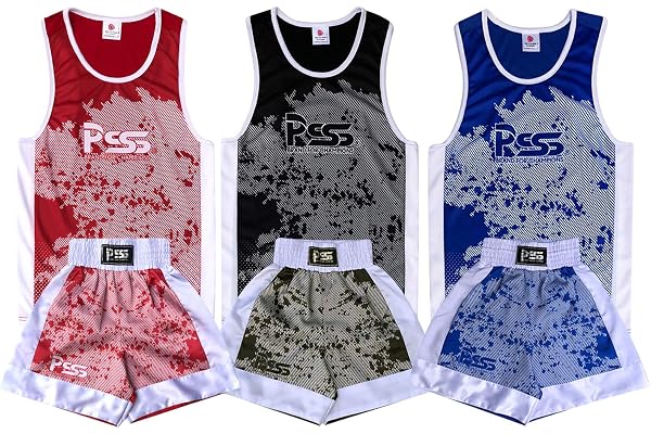 PSS Ensemble Boxe Enfants 3 à 14 Ans Short + Débardeur Tenue Boxe Kick Boxing Muay Thai Design Sublimation, Noir, Rouge & Bleu, Haut Short boxe enfant 3 4 5 6 7 8 9 10 11 12 13 14 ans