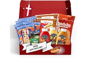 Nordthy Original Dänisches Hot Dog Set für 20x Hotdogs – Komplett Party Paket mit leckeren Würstchen/Brötchen/Hot Dog Saucen/Remoulade/Gurken – Premium Hot Dog Paket im NeedforSweet Karton