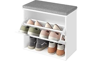VASAGLE Banco Zapatero Acolchado, Mueble de Recibidor de 3 Niveles para 6 Pares de Zapatos, Cajón Abatible, 30 x 60 x 53,5 cm, para Entrada, Dormitorio, Blanco Nube y Gris Paloma LSB121WB01