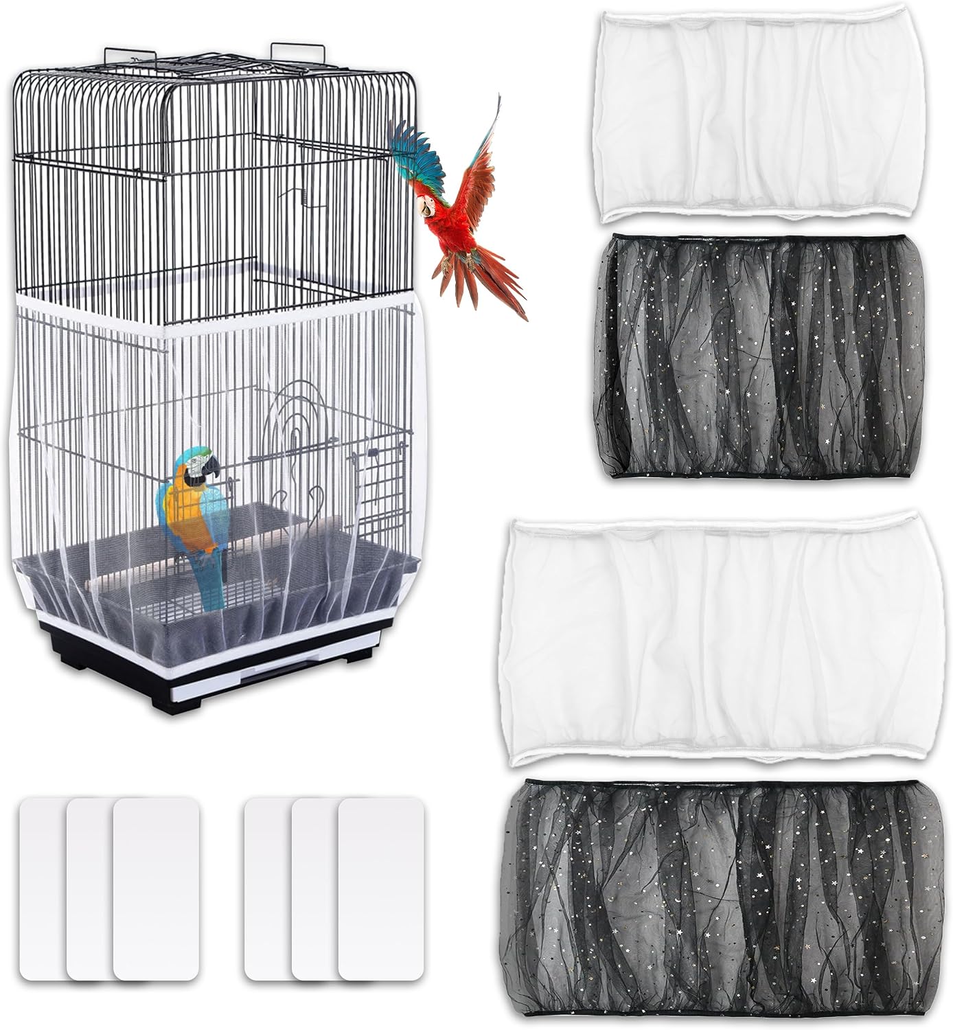 YinnFeen 4 Piezas Cubierta de Jaula, Cubierta Jaula de Pájaros, Ajustable Funda para Jaula de Pájaro Cubierta de Red Malla de Nylon Suave con Cinta De Gancho para Universales Jaulas