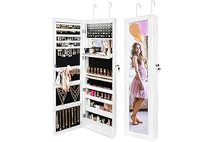 Ezigoo Mirror with Storage with Inner Light and Mirror, 14.3" Wx47.2 H Large Mirror Jewelry Cabinet Wall Mounted & Door Hanging, Storage Mirror for Home Deco