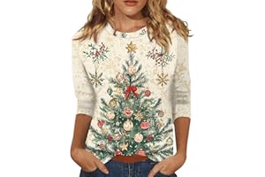 HSUAYEUD Christmas Jumpers for Women 3/4 Sleeve Top UK Snowflake Print Womens T-Shirts Casual Tunic Top