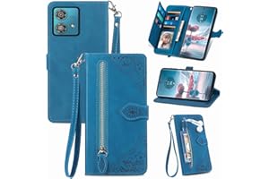 MOJIA Custodia Portafoglio per Motorola Edge 40 Neo, Pelle PU Flip Cover per Telefono con Guscio Interno in TPU, Multifunzione Porta Carte con Cinturino Polso. Blu