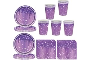 AISSZHAO 60 Pcs Purple Party Tableware Set for Women - Paper Plates, Cups & Napkins with Sparkling Diamond Design for Birthday, Wedding, Baby Shower