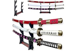 FÉENOMENN Katana One Piece Pack Zoro 3 Katanas 95 cm (SHUSUI, WADO ICHIMONJI, SANDAI KITETSU) - Hoja de madera - Soporte incluido