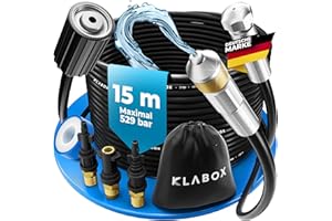 KLABOX Rohrreinigungsschlauch 15m | Kärcher Rohrreinigungsschlauch für Karcher K2-K7, Lavor, Bosch, Parkside und weitere Marken | Inklusive 3 Adapter, 2 Düsen, 1 Tasche und 1 Teflonband