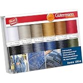 G&uuml;termann Creativ Sewing Thread Set with 12 Bobbins Denim 100 m Thread in the Typical Colours of Cowboy Stitching