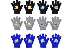 QKURT 6 Pares de Guantes de Magia para Niños, Guantes de Invierno de Punto Unisex Cálidos Mitones Elásticos con Dedos Completos para Niños, Guantes de Cumpleaños y Navidad con Patrón de Dinosaurios