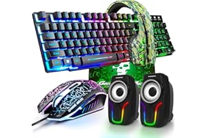 LEXONTECH kabelgebundene Gaming-Tastatur mit Regenbogen-Hintergrundbeleuchtung, USB-Tastatur+2400 DPI optische Regenbogen-LED-Gaming-Maus+Gaming-Headset+RGB-Lautsprecher+Mauspads für Computer/PC (schwarz)