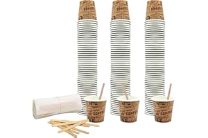 COFFISANO Juego de 150 vasos de café de 75 ml de papel marrones + 150 paletas de madera; vasos y paletas desechables reciclables, para restaurantes, oficinas, para llevar, bares, expreso