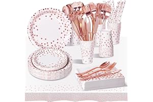 AIPartywar 226 Pcs Piezas Rosa Oro Cumpleaños Vajilla de Fiesta, Platos y Vaso Cumpleaños Infantil, Juego de vajilla para Fiestas Platos Vasos Servilletas Cubiertos -25 Invitado