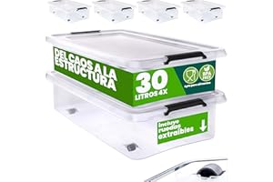Deuba® 4X Cajas de Almacenamiento 30L Tapa Clips de Cierre Transparentes Almacenaje Juguetes Ruedas Apilable