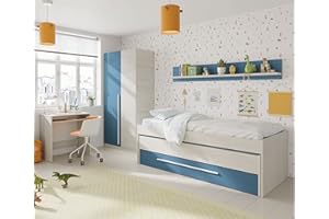 Miroytengo Pack habitacion Juvenil Azul y Blanco Alpes Completo Infantil (Cama Nido+Estante+Armario+Escritorio) con SOMIERES
