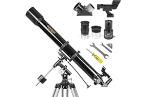 Omegon Teleskop AC 90/1000 EQ-2 | Refraktor für Einsteiger & Fortgeschrittene | 90mm Öffnung | 1000mm Brennweite | präzise EQ-2 Montierung | Mond- & Planetenbeobachtung