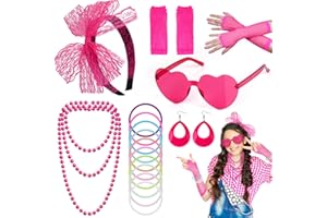Kareeran 80s Fancy Dress for Women Girls, 80s Accessories Rockstar Fancy Dress, Neon 90s Retro Headbands Earrings Fishnet Gloves Sunglasses for Dress Up Party