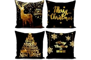 HUASHUZI Świąteczne czarne poszewki na poduszki świąteczne dekoracje bożonarodzeniowe poszewka na poduszkę złoty jeleń zestaw 4 dekoracji bożonarodzeniowych na imprezę, rodzinę, do domu, na sofę, do 40x40cm
