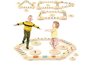 Aragallant Wooden Toddler Balance Beam, Wooden Balance Beam Children with 6 Balance Stones Free Combination and Coloured Obstacle Stones, Montessori Balance Boards for Children Indoor and Outdoor Use