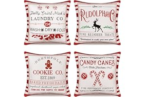 LOMOHOO Świąteczne poszewki na poduszki 45 x 45 cm, zestaw 4 rustykalnych lnianych poszewek na poduszki, na sofę, dekoracje świąteczne, na kanapę, czerwone