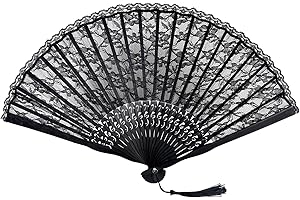 HNONOXY Foldable Lace Fan, Lace Hand Fan with Wooden Handle, Foldable Fan, Wedding Hand Fan, Vintage Lace Fan for Wedding, Party, Dancing Props, Home Decorative (Black)