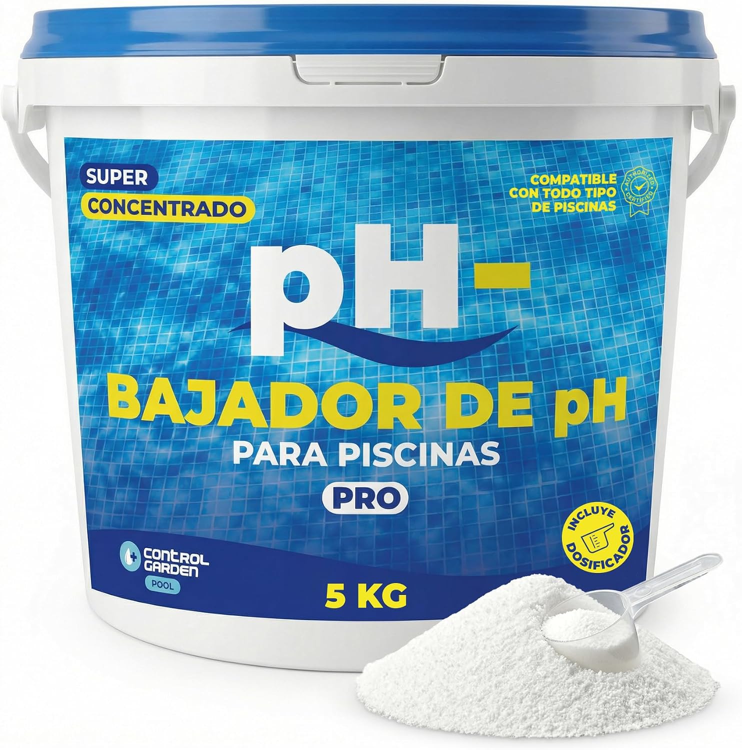 CONTROL GARDEN Bajador PH Piscinas Granulado 5 KG | Reductor pH- Piscina Interior y Exterior | Minorador Sólido - Súper Concentrado | Pool Regulador de Poliester, Liner y Electrólisis Salina