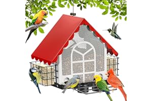 DoubleCare Comederos para pájaros para exteriores, comedero de pájaros de gran capacidad con doble jaula de sebo, casas colgantes de metal con taza de agua para patio, jardín, para amantes de los