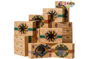JOYIN 24 Foiled Kraft Christmas Cookie Boxes with Window 8.5" x 5.75" x 2.75", Treat Boxes with 3 Designs for Pastries, Cupcakes, Brownies, Gift-Giving, Doughnut and Cookie, Brown Kraft Bakery Boxes