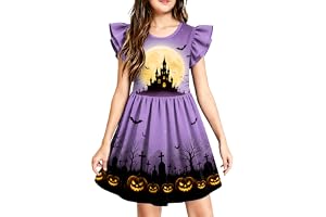 VVNTY Flickor Halloween prinsessklänning pumpa fladdrande ärmar 2–8 år | Spukig slott-mån-motiv, perfekt för trick-eller behandling och barnfester, A-linjesnitt, mjukt tyg, svängande kjol