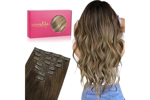 WENNALIFE Extensiones de Clip Seamless de Pelo natural, Ombre Marrón Nogal a Castaño Ceniza y Rubio Blanquecino 45cm 130g 7 Piezas Sin Costuras Extensiones Pelo Extensiones de Cabello Remy Humano