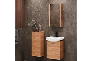 Planetmöbel Set di mobili da bagno lavabo con mobiletto 45 x 60 x 33 cm con armadietto a specchio 40 cm e armadio midi per WC ospiti, rovere oro