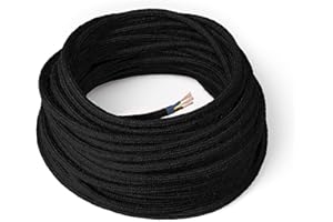 Amarcords - Câble électrique textile couleur NOIR, rond, jute, 20 mètres, avec mise à la terre 3x0,75 - Fil vintage en tissu coloré, pour lampes, lustres, appliques et abat-jours.
