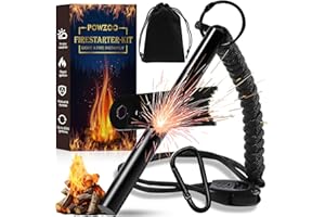 POWZOO Feuerstahl Outdoor XXL 12mm Über-20000 Anwendungen.7 Kit,Magnesium Feuerstarter+Paracord+Notfallpfeife+Schaber+Karabiner+Schnalle öffnen+Beutel,Extrem Starker Funkenflug,Feuerstein Survival.