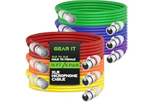 GearIT XLR to XLR Microphone Cable (15 Feet, 6 Pack) XLR Male to Female Mic Cable 3-Pin Balanced Shielded XLR Cable for Mic Mixer, Recording Studio, Podcast - Multi Colored, 15Ft, 6 Pack