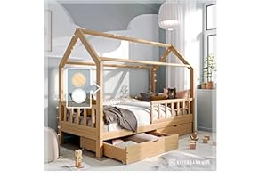 ‎RIVERBANK RIVERBANK® Hausbett 90x200 - Kinderbett 90x200, Kinderbett mit Rausfallschutz und Zwei Schubladen, Kiefernholz, Montessori Bett für Kinder, Jungen, Mädchen, Bodenbett 90x200 auf Anfrage