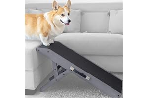 PRIORPET Rampa dla małych i dużych psów, antypoślizgowa powierzchnia, składana i regulowana rampa 18-53 cm, do łóżka i sofy, platforma idealnie się łączy, drewno brzozowe, szara