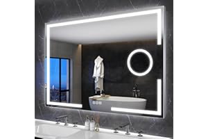S'bagno Espejo-Baño-con-Luz 100x70cm, Espejos-de-Baño-con-Led y Aumento 5X, Marco de Aluminio, Antivaho, 3 Colores, Regulable, Memoria, Vidrio Templado HD, Resistente Al Agua IP44