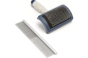 Mikki Peine de acero inoxidable para perros y cachorros, cepillo duro para cockapoos, labradoodles, cavapoos y garabatos dorados, juego de iniciación de 2 piezas, azul, gris, pequeño