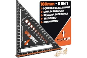 THORVALD Squadra da Falegname 5 in 1 da 180 mm - Multifunzione: Tracciatore/Goniometro/Modello di Misurazione/Squadra a cappello - Alluminio - Strumento per Risparmiare Tempo