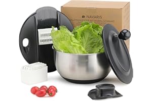 Navaris Salad Spinner with Lid - Salad Spinner Stainless Steel - Salad Dryer - Easy Washing, Drying and Spinning - Includes Grating and Slicing Discs