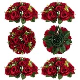 BLOSMON Bouquet Flower Arrangements Artificial Decorative Rose 6 Pieces Carmine Red Artificial Bouquet Flowers Table Decoration Flower Ball Valentine's Day Rose Bouquet Real for Wedding Mother's Day